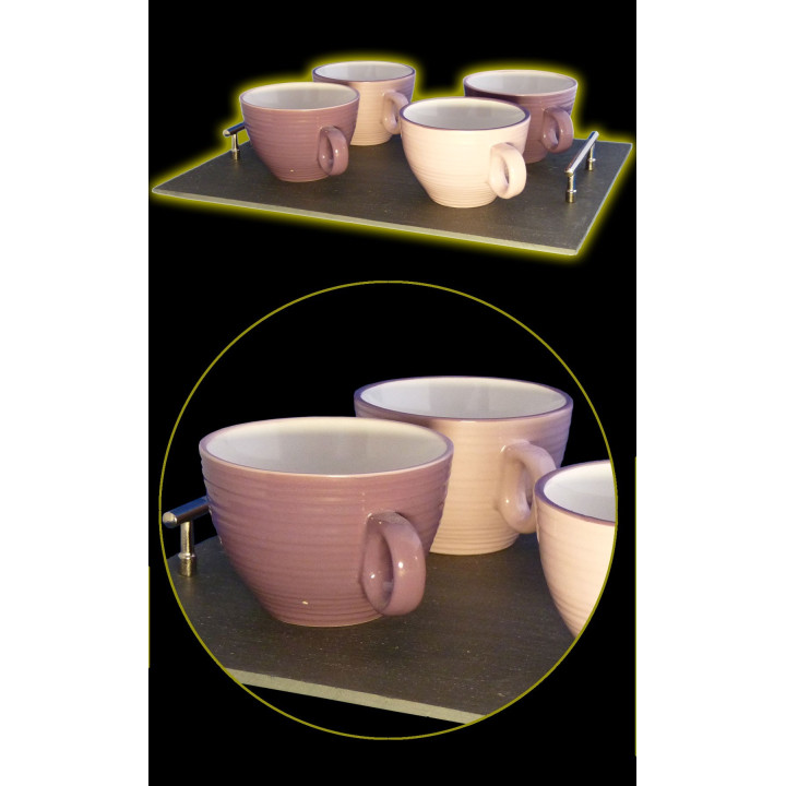 Grand Plateau ardoise et 4 bols violet et rose