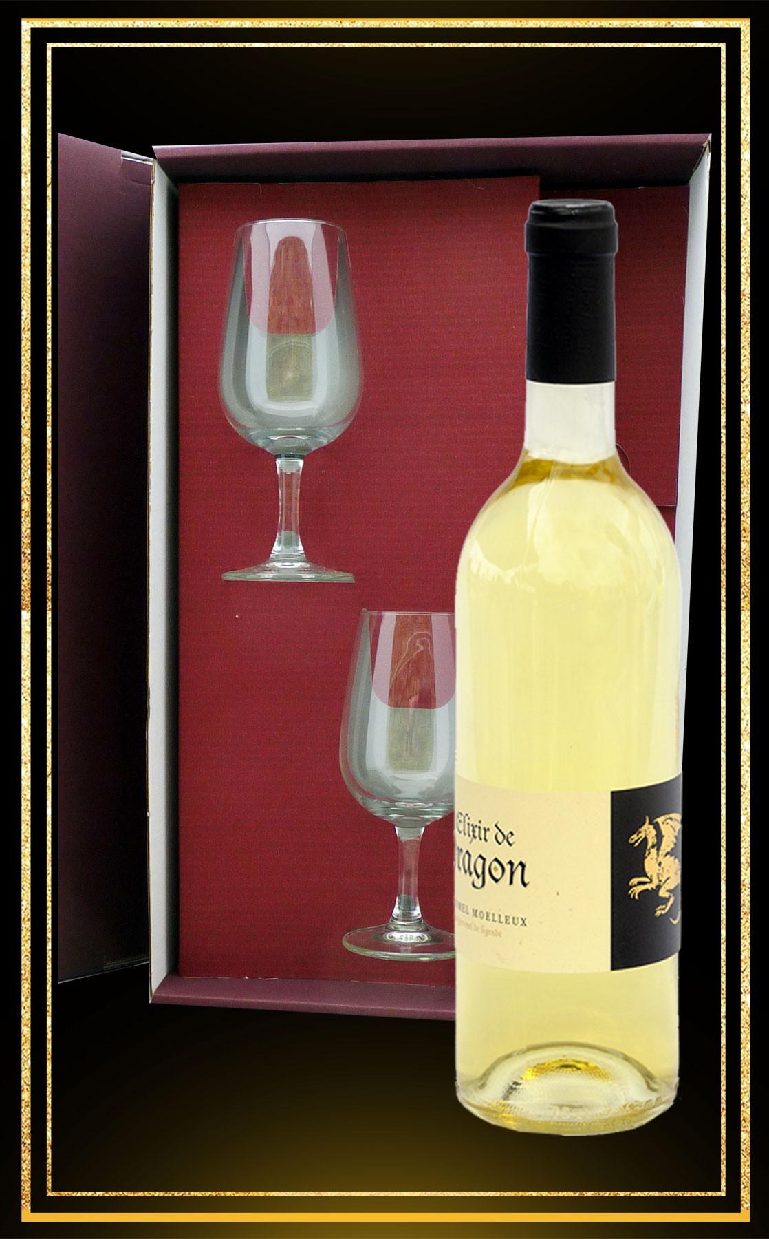 Coffret cadeau Elixir de Dragon, 2 verres à vin et Hydromel moelleux 75cl