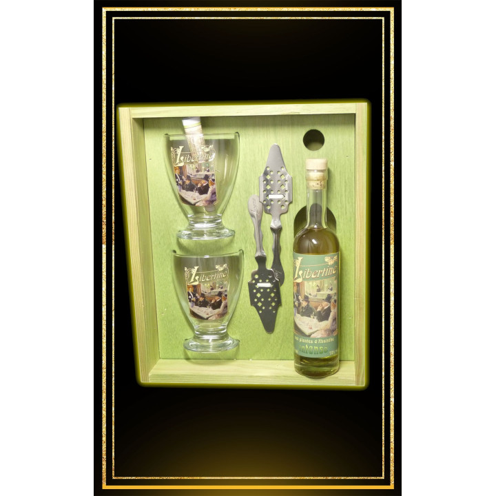 Coffret cadeau bois Absinthe Libertine Intense 20 cl 2 verres et 2 cuillères