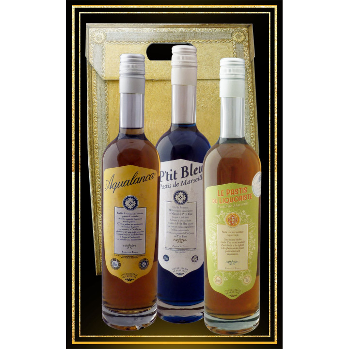Coffret cadeau Les 3 Anis Aquanalanca, P'tit Bleu et Pastis du Liquoriste 70cl