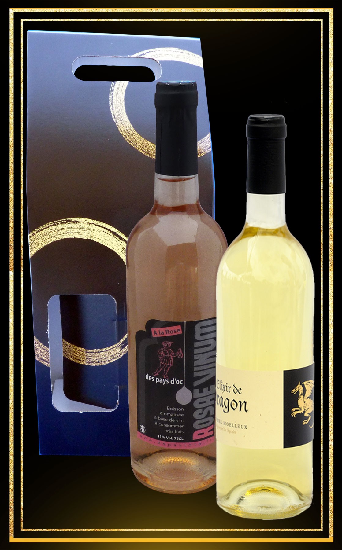 Coffret cadeau Hydromel moelleux Elixir de Dragon et vin Rosae Vinum à la rose 75cl