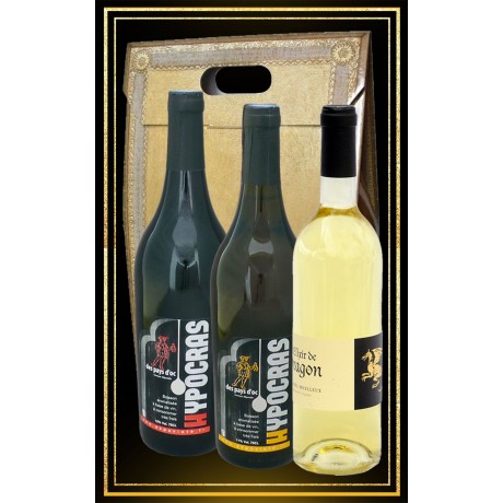 Coffret boissons du moyen age vin d'Hypocras blanc et rouge et Hydromel moelleux elixir de dragon 75cl