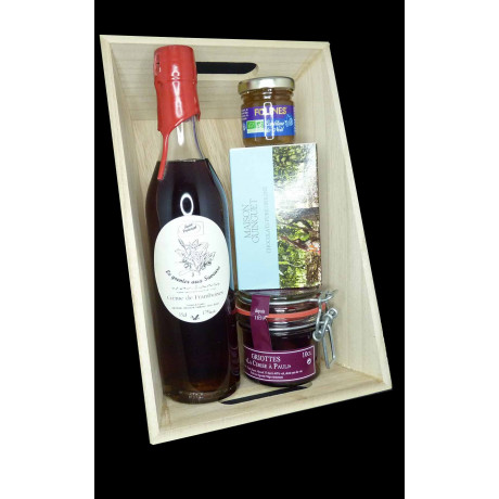 Coffret voyage gourmand Liqueur de framboise, chocolat noir Madagascar et cerise griotte