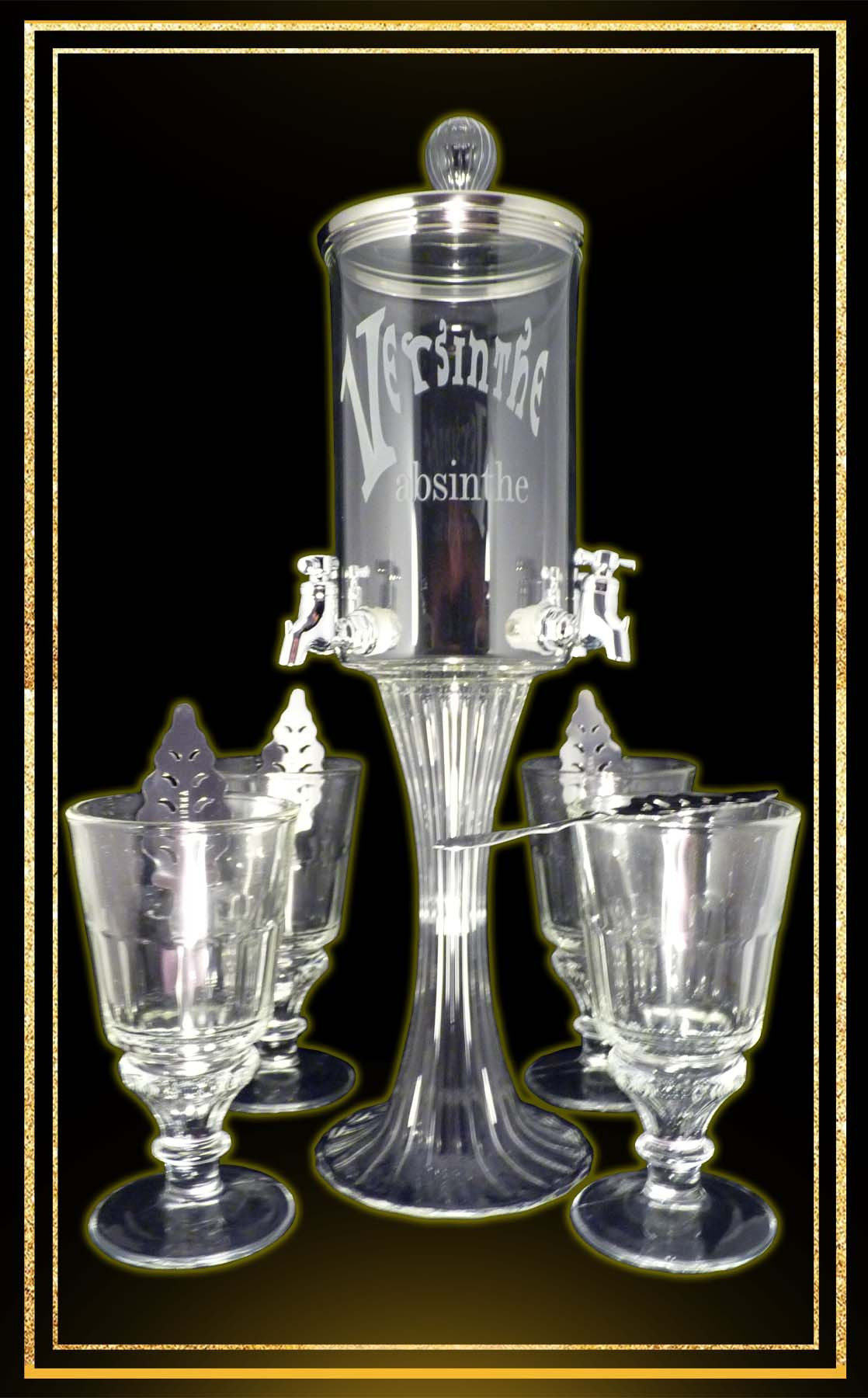 Service fontaine à absinthe 4 robinets et 4 verres à absinthe et 4 cuillères à absinthe "Versinthe"