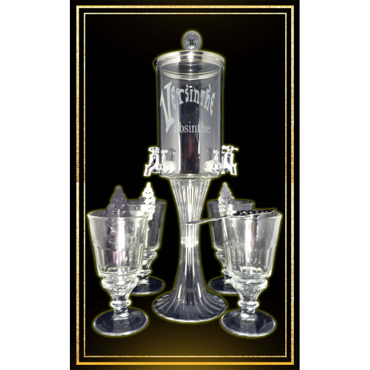 Service fontaine à absinthe 4 robinets et 4 verres à absinthe et 4 cuillères à absinthe "Versinthe"