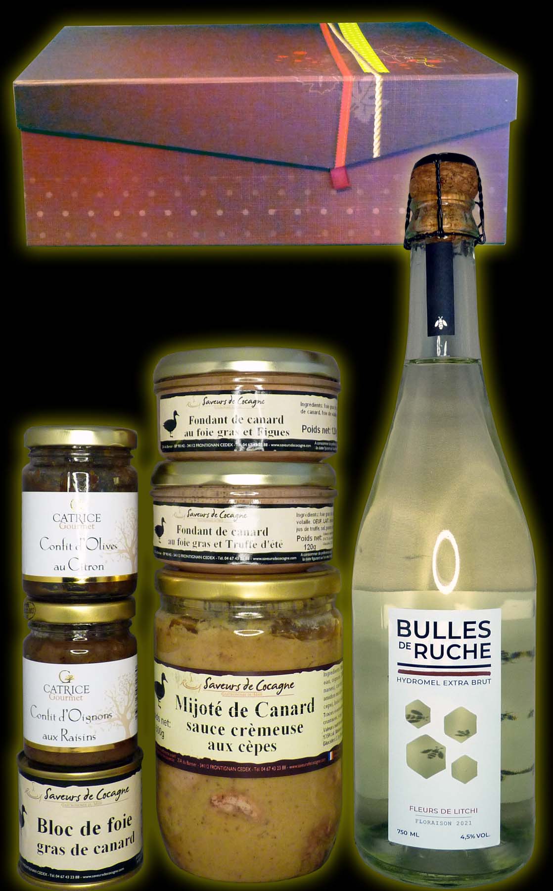 Coffret Festif Hydromel pétillant foie gras et accompagnements et Mijoté de canard
