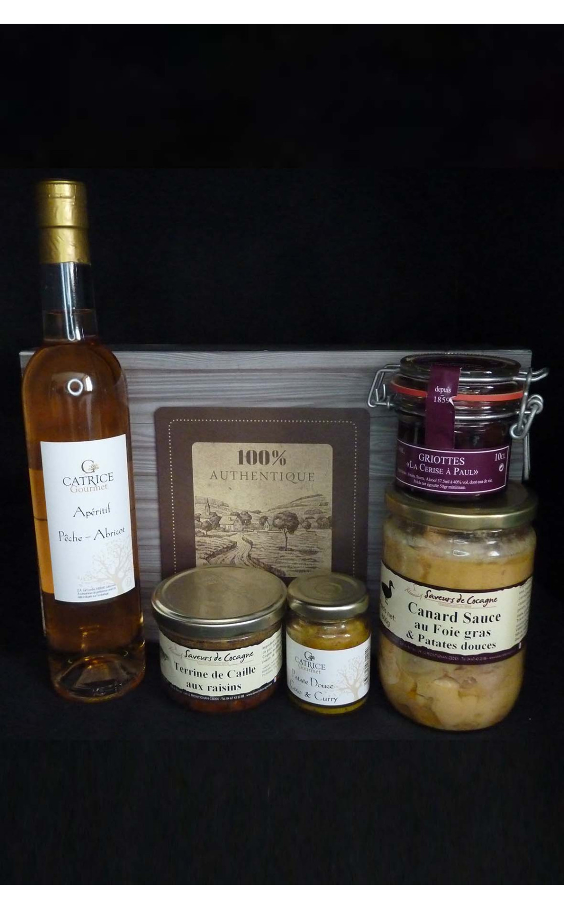 Coffret authentique Apéritif pêche abricot et son canard sauce au foie gras