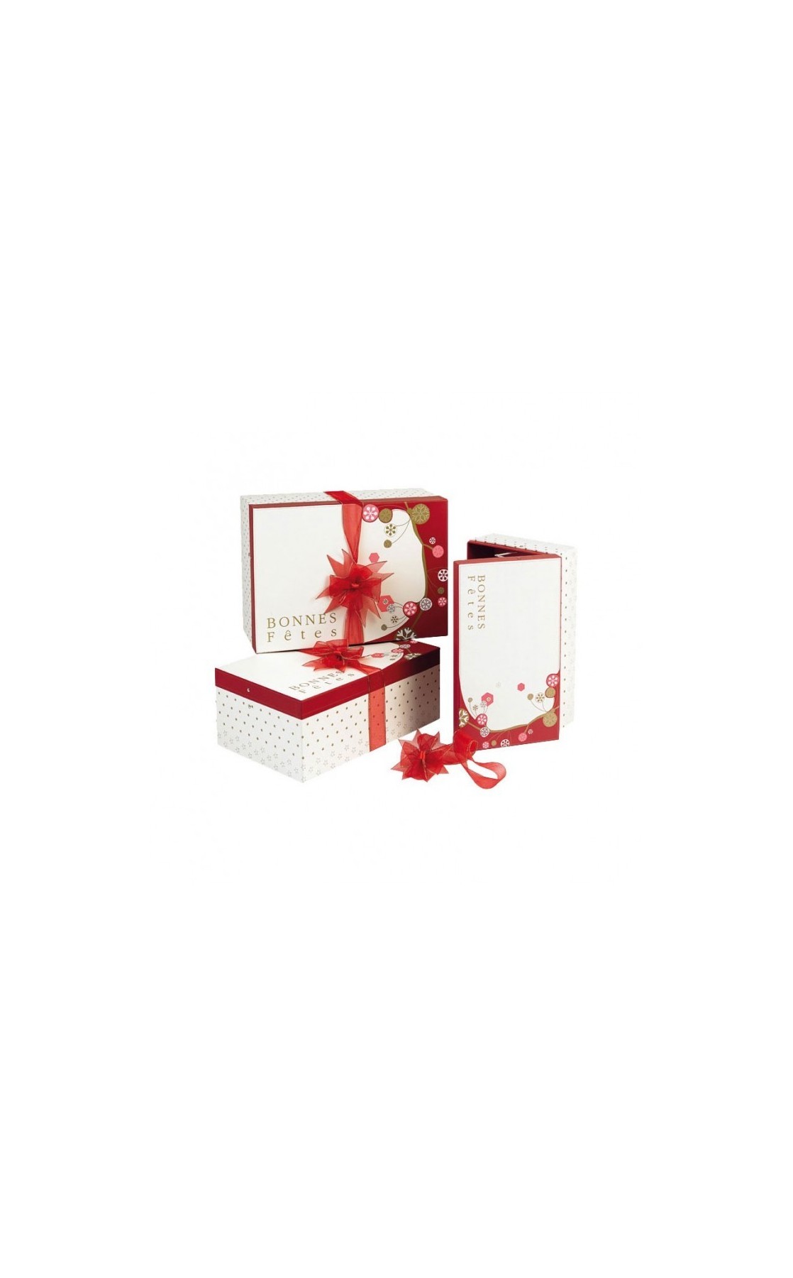 Coffret carton rectangle décor Bonnes Fêtes rouge/crème